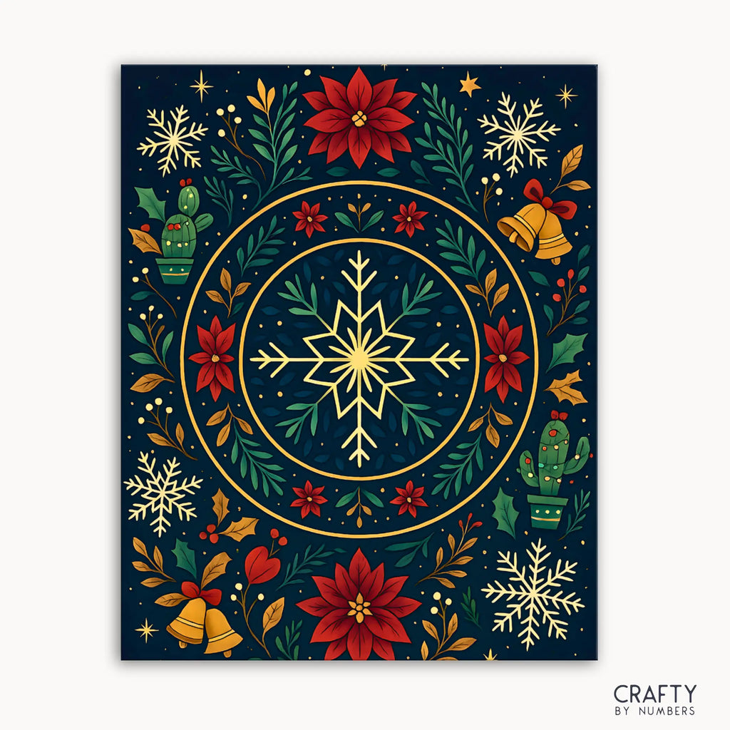 Christmas Mandala Paint by Numbers kit featuring a radiant snowflake centerpiece surrounded by poinsettias, holly, golden bells, and whimsical cacti on a midnight-blue background