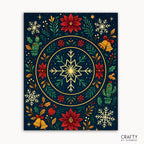 Christmas Mandala Paint by Numbers kit featuring a radiant snowflake centerpiece surrounded by poinsettias, holly, golden bells, and whimsical cacti on a midnight-blue background