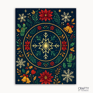 Kit de peinture par numéros de mandala de Noël comprenant un centre de table en forme de flocon de neige rayonnant entouré de poinsettias, de houx, de cloches dorées et de cactus fantaisistes sur un fond bleu nuit