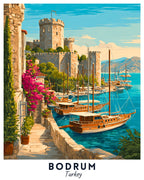 Harbor scene with boats and a castle in Bodrum, Turkey