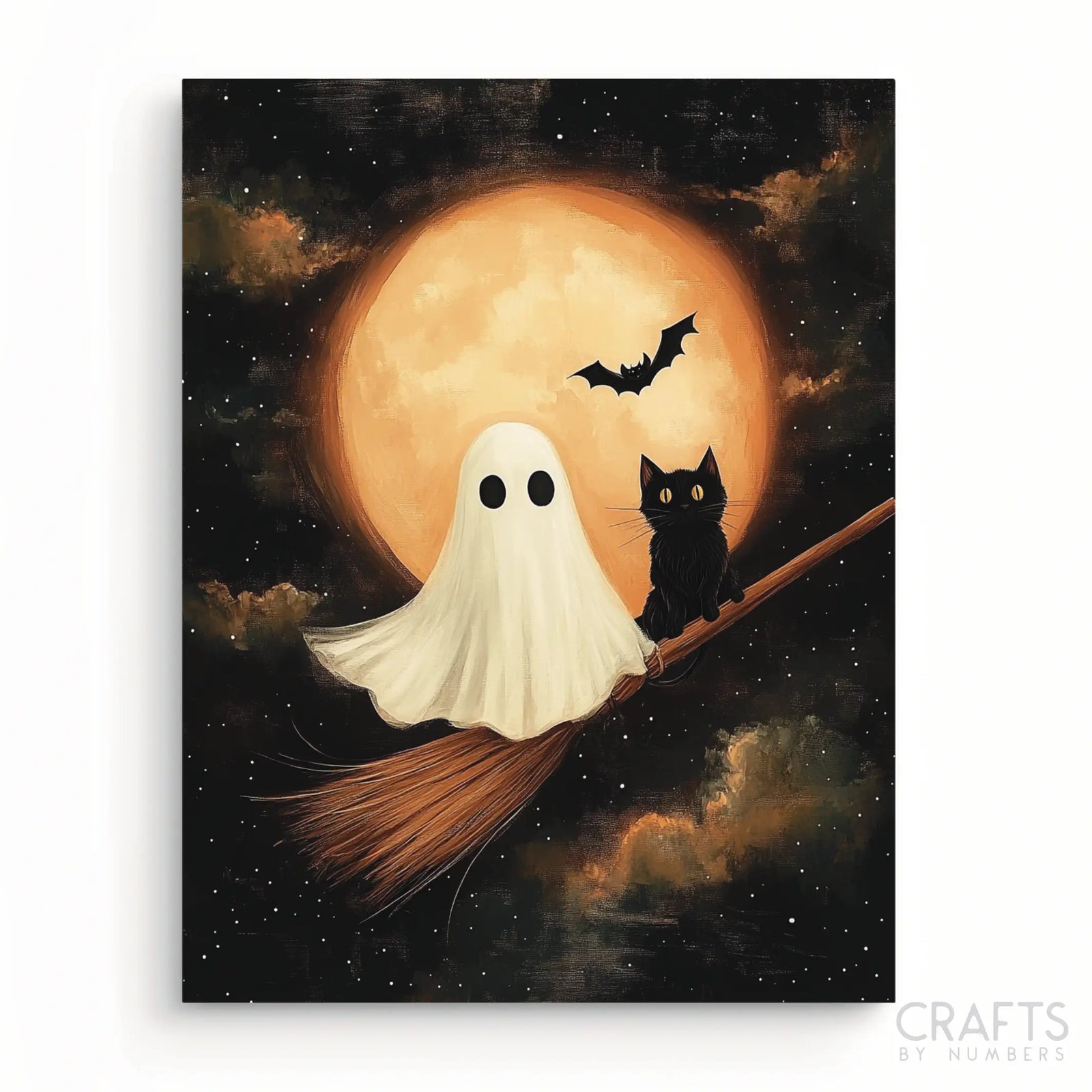 A paint by numbers kit depicting a friendly ghost and a mischievous black cat on a broomstick against a background with a full moon and a bat.