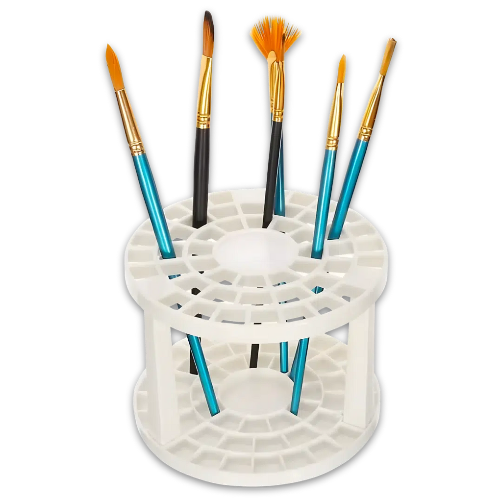 A white multi-function brush holder made of plastic, displaying various paintbrushes inserted into its holes.
