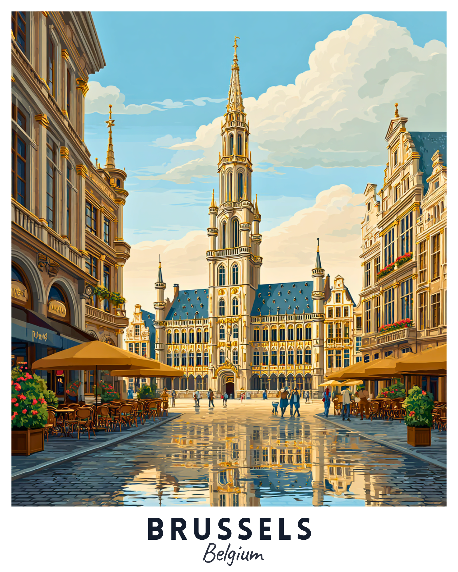 Illustration of a city square in Brussels with grand buildings and people walking.