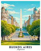 Illustration of a city street with a monument in Buenos Aires, Argentina.
