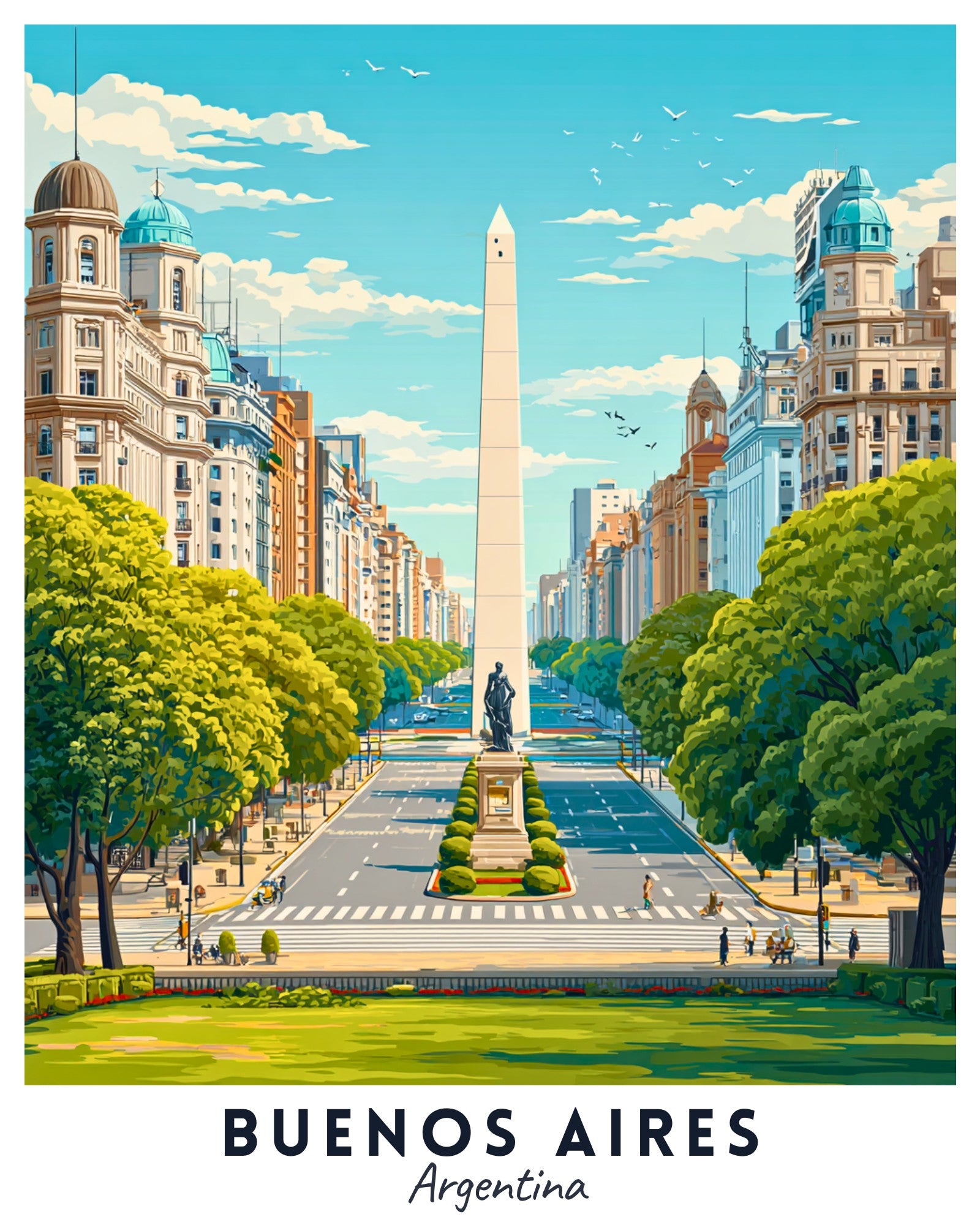 Illustration of a city street with a monument in Buenos Aires, Argentina.