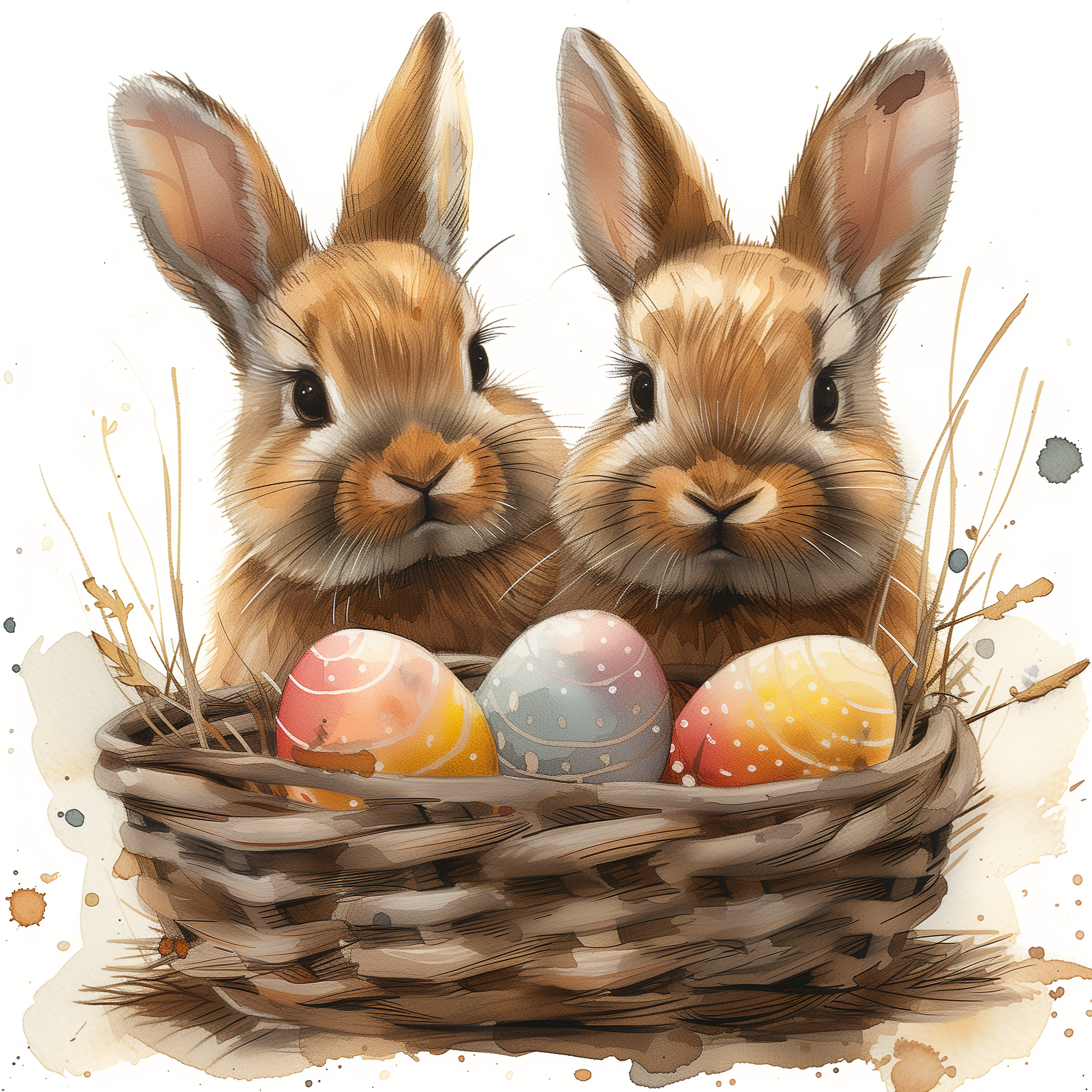 A paint by numbers kit depicting two stylized bunnies with Easter eggs in a basket, designed for crafting and decoration.