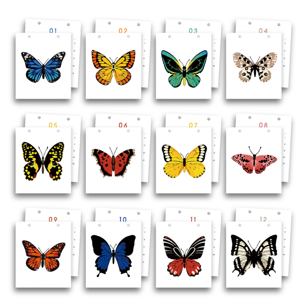 Calendar with images of butterflies on each day, arranged in a grid.