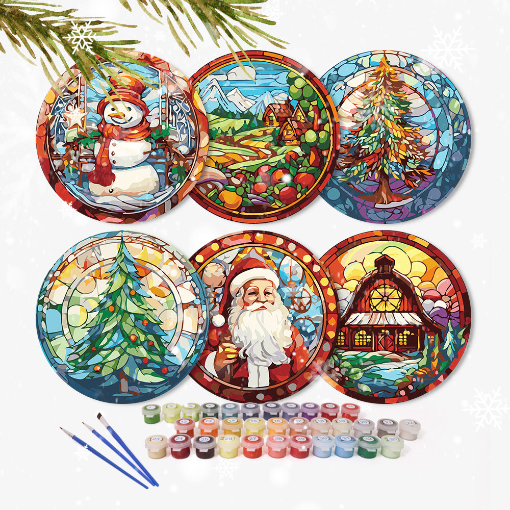 Snowy reflections paint by numbers, Christmas DIY painting kit with festive themes.