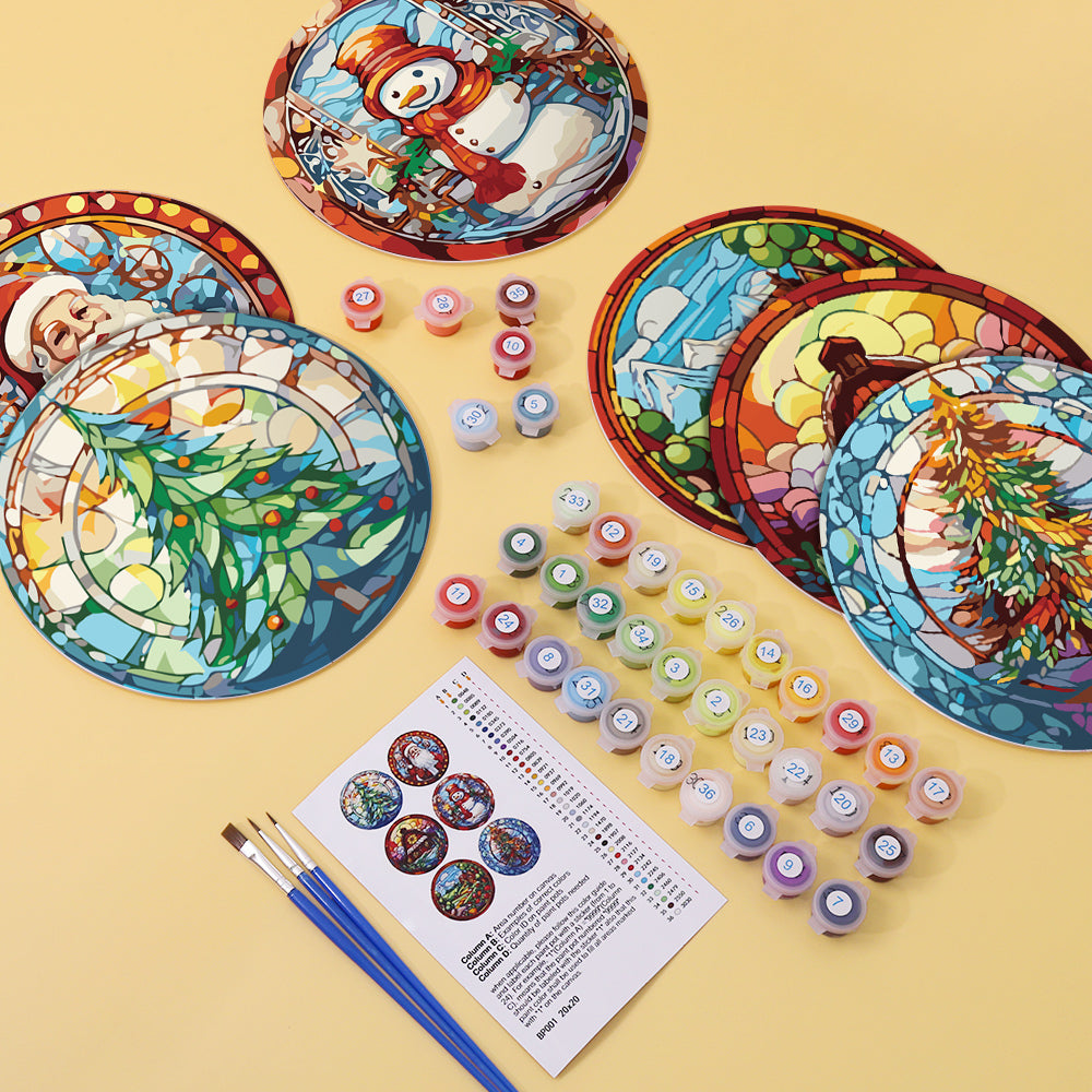 Set of 6 Christmas paint by numbers, snowy holiday art kit for seasonal wall decoration.