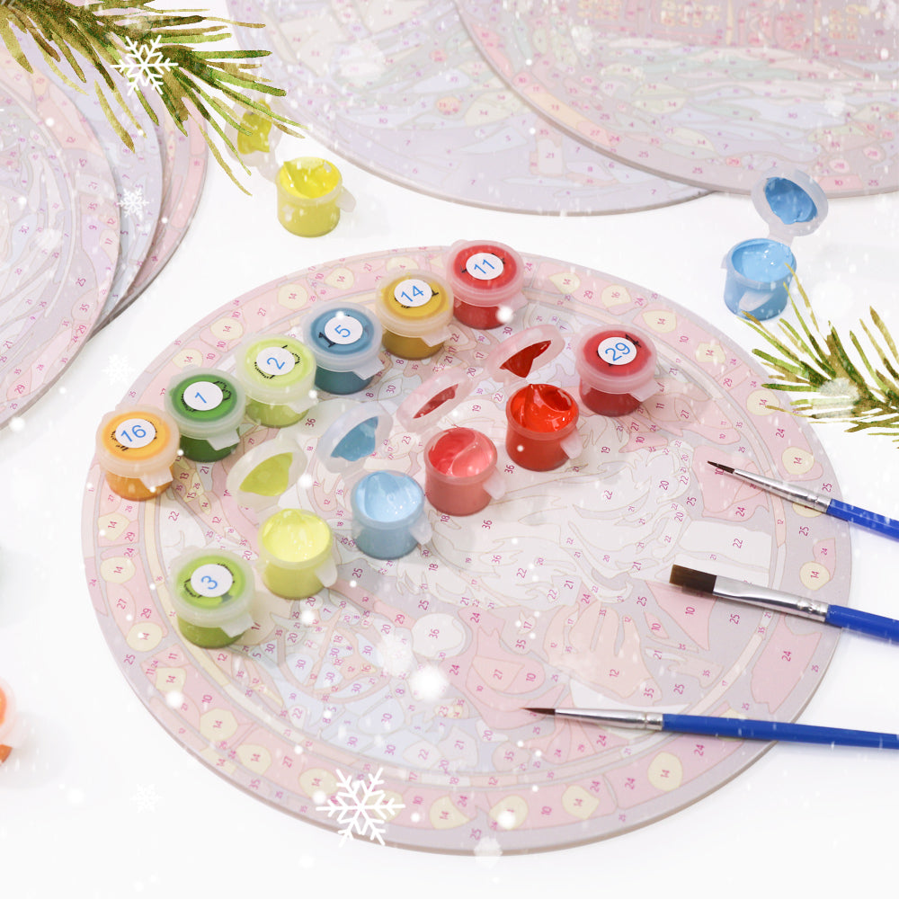 Christmas Reflections painting kit, DIY holiday paint by numbers set with snowy designs.