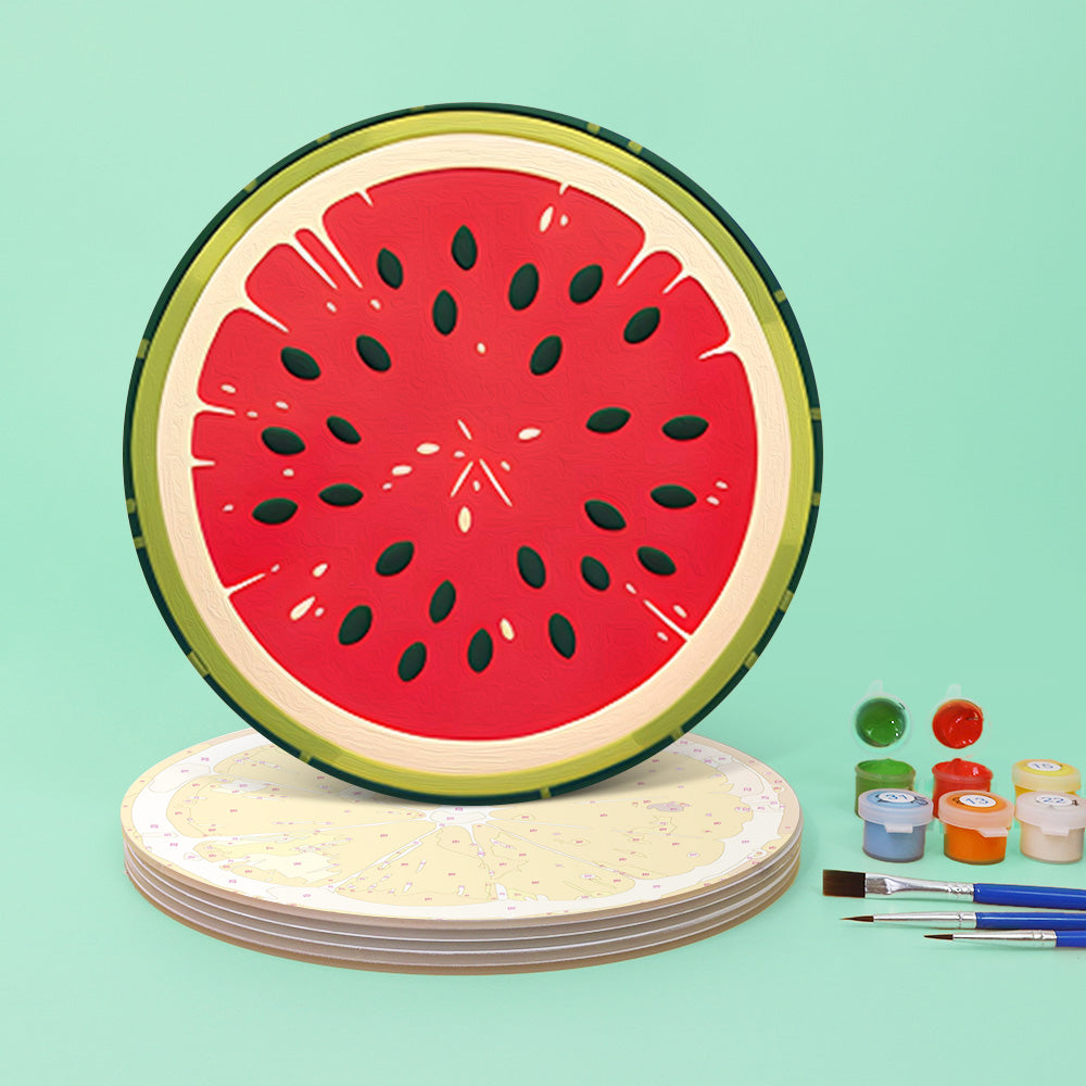 Beginner friendly paint by numbers kit featuring vibrant fruit illustrations on canvas panels.
