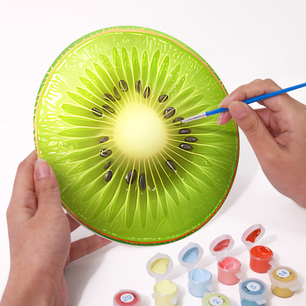 Fun and creative paint by numbers kit with six fruit splash canvases for wall decoration.