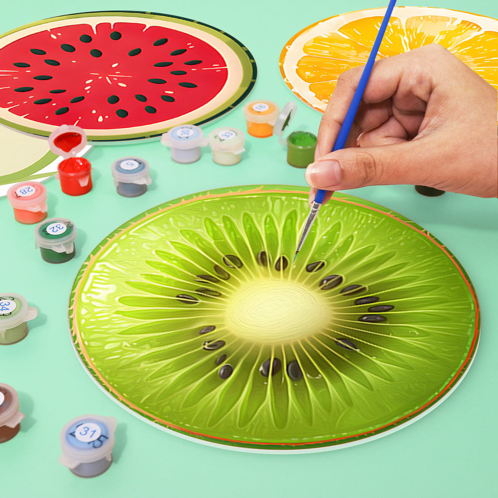 DIY fruit wall art painting kit with six numbered canvases for relaxing creative activity.