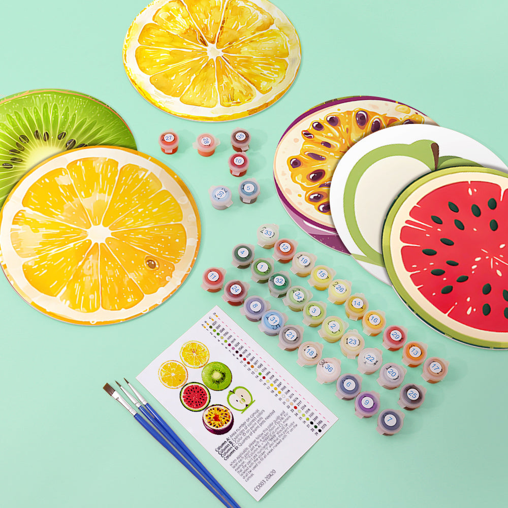 Malen nach Zahlen, Obstspritzer, Set mit 6 bunten Leinwanddesigns für DIY-Wohndekor-Wandkunst.