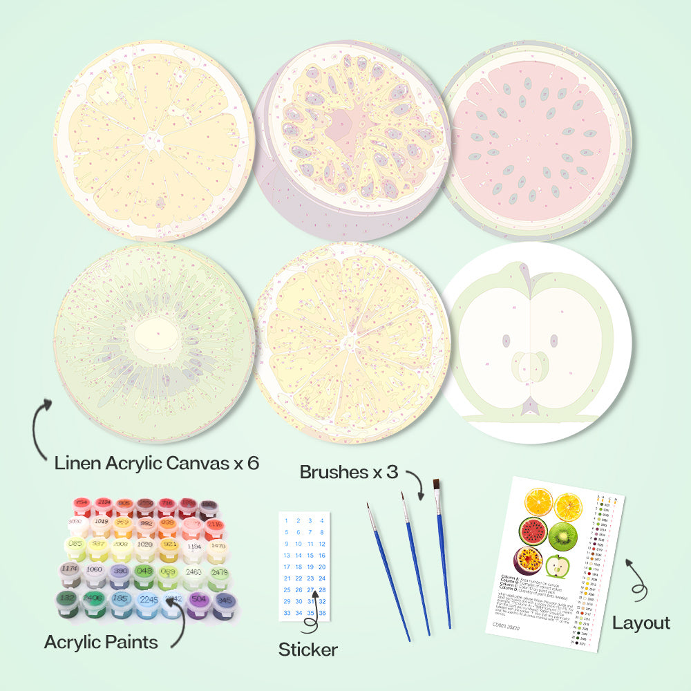 Easy-to-paint fruit splash kit featuring six colorful numbered canvas designs for beginners.