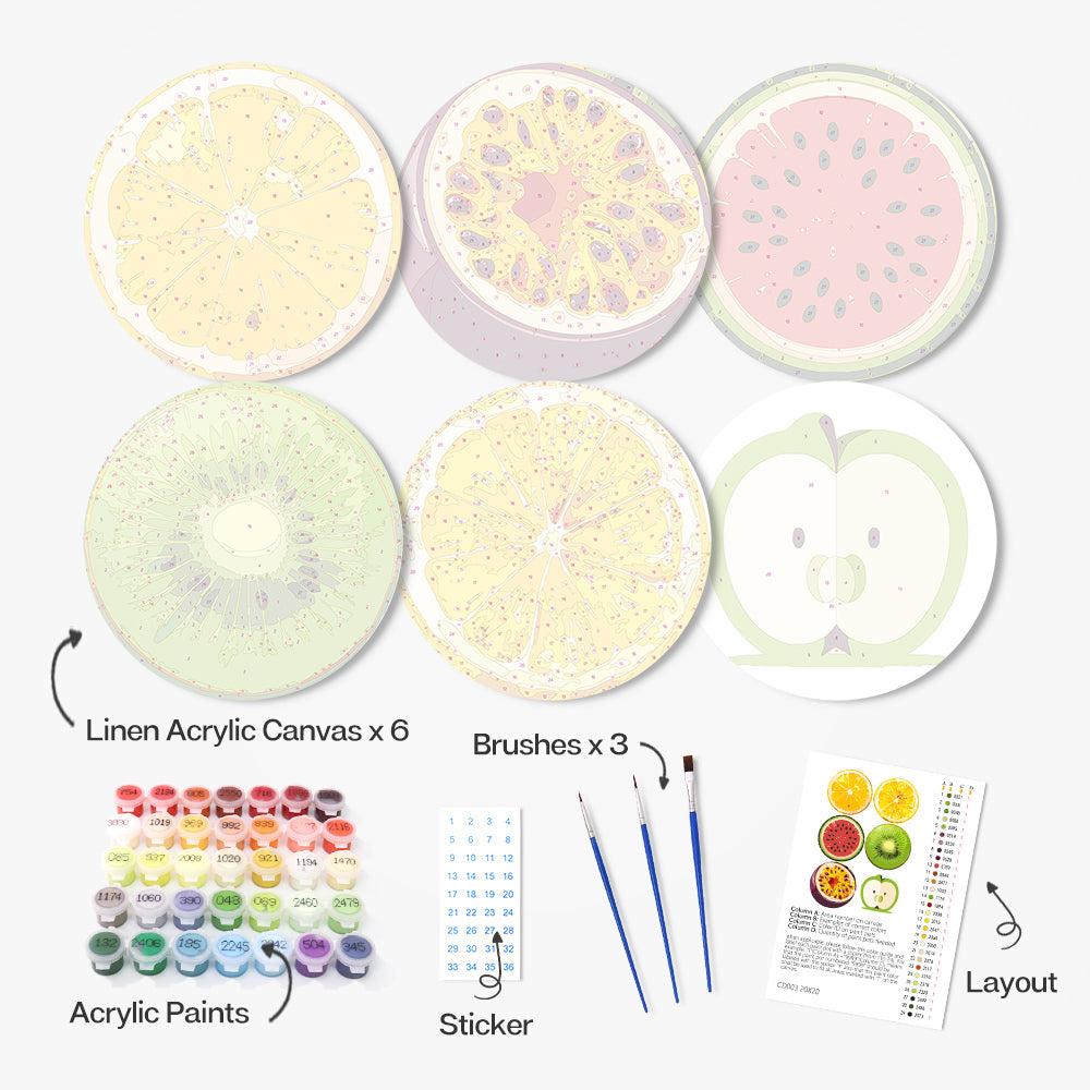 DIY art kit with fruit designs, paint by numbers set of 6 for creative wall décor ideas.