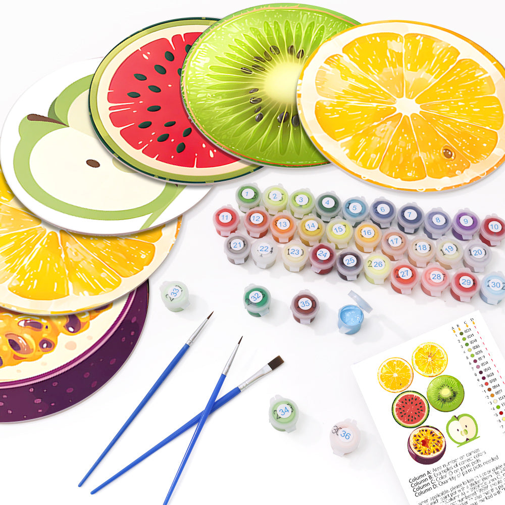 Relaxing fruit splash painting kit, paint by numbers canvas set for beginner artists.