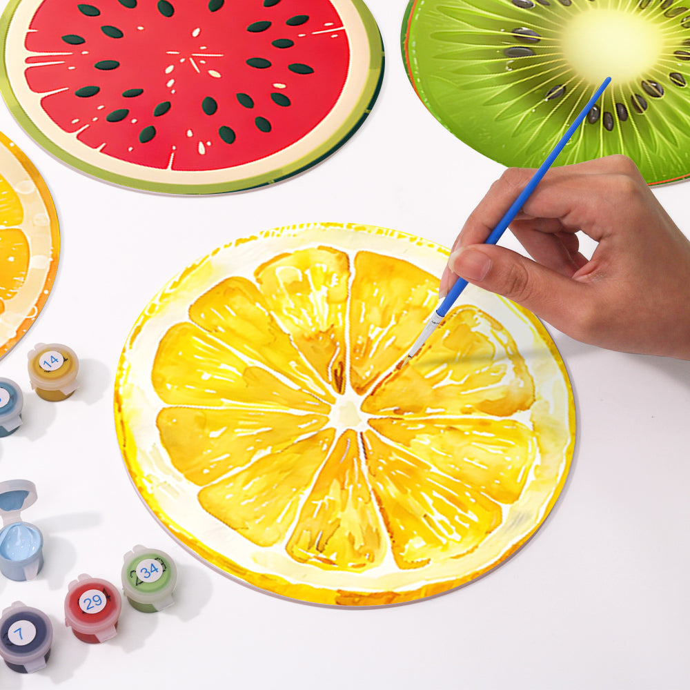 Sechsteiliges Obst-Malset mit lebendigen Farben und nummerierter Leinwandkunst für die DIY-Heimdekoration.