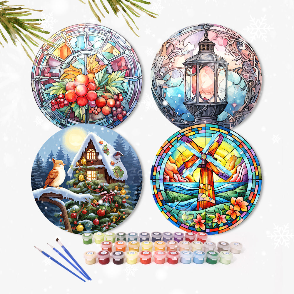 Set of 4 DIY stained glass painting canvases with glowing light effects.