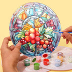 Paint by numbers kit with glass-inspired artwork and glowing light effects.