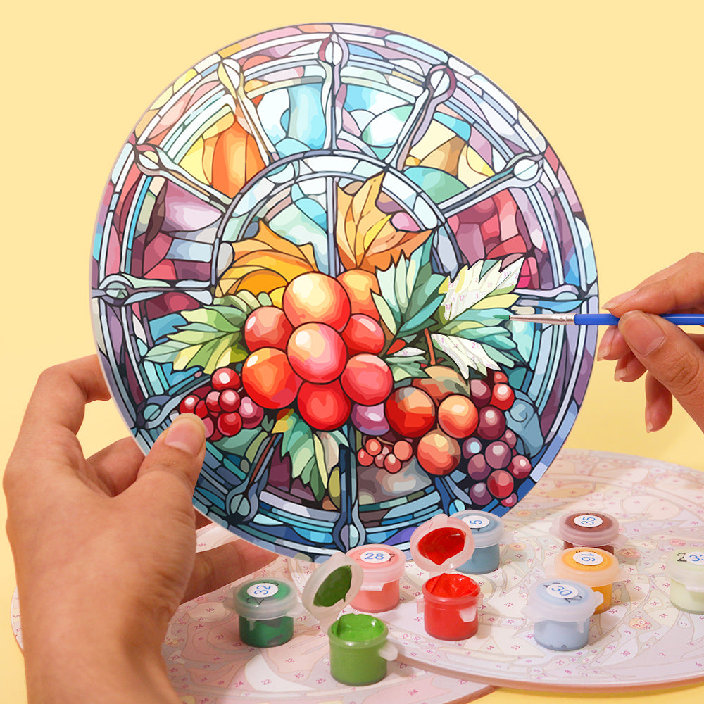 Paint by numbers kit with glass-inspired artwork and glowing light effects.