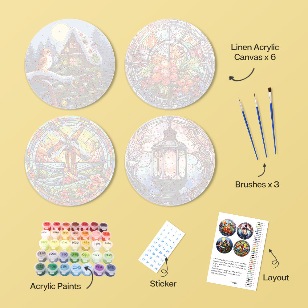 Paint by numbers glass collection with glowing details and easy instructions.