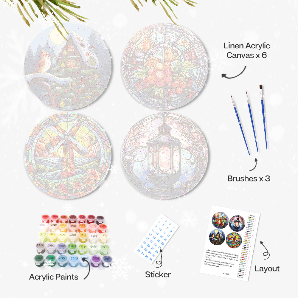Kit de pintura por números con temática de vidrio, reflejos de luz, juego de cuatro lienzos.