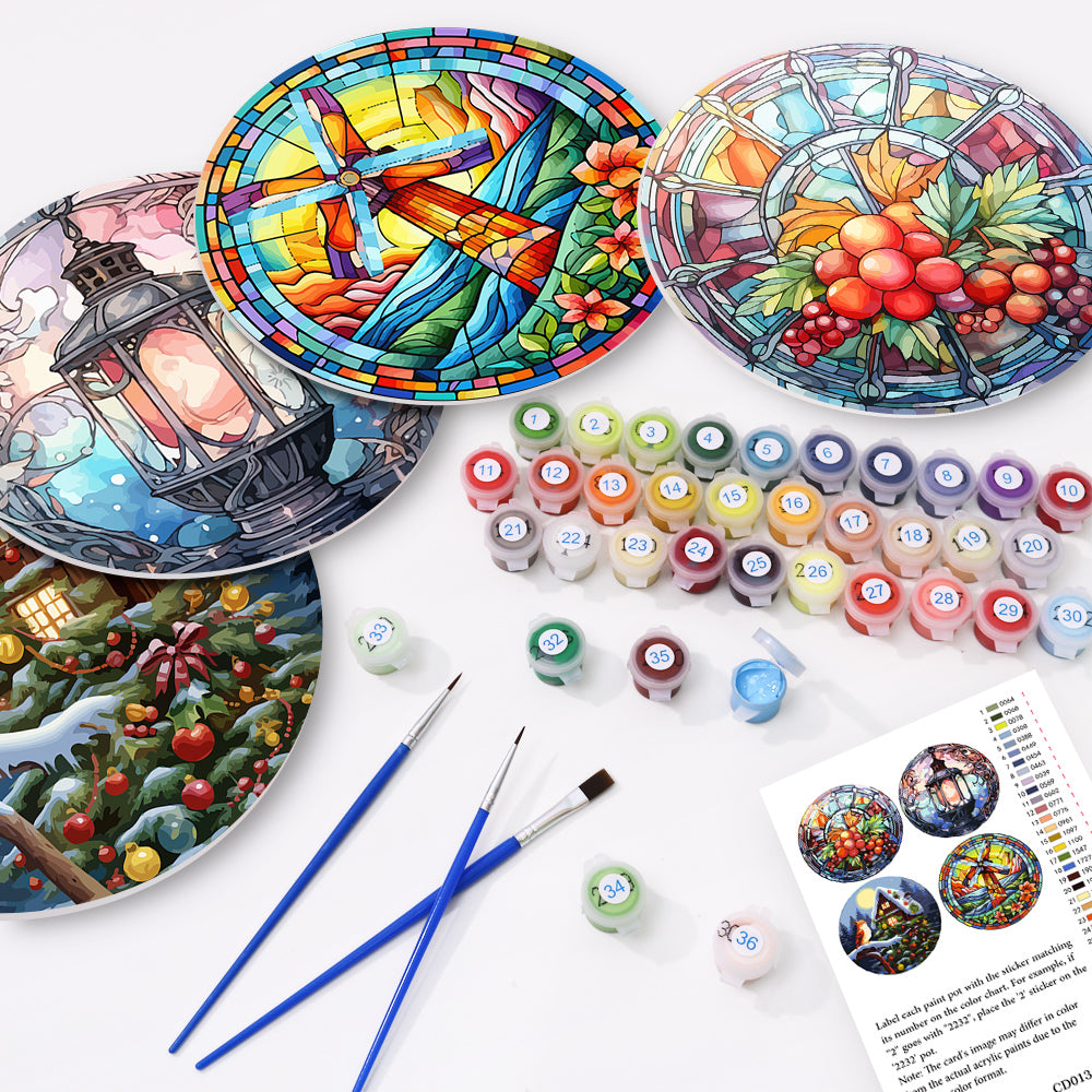 Set of 4 glass & light paint by numbers canvases for DIY wall art projects.