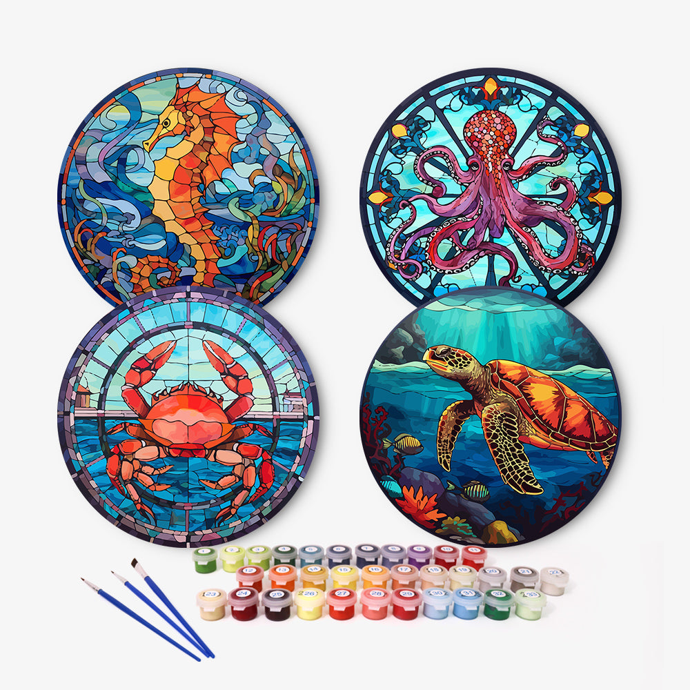 Una detallada pintura por números de vida marina que presenta elementos de las pinturas más famosas y muestra la flora y fauna submarinas.