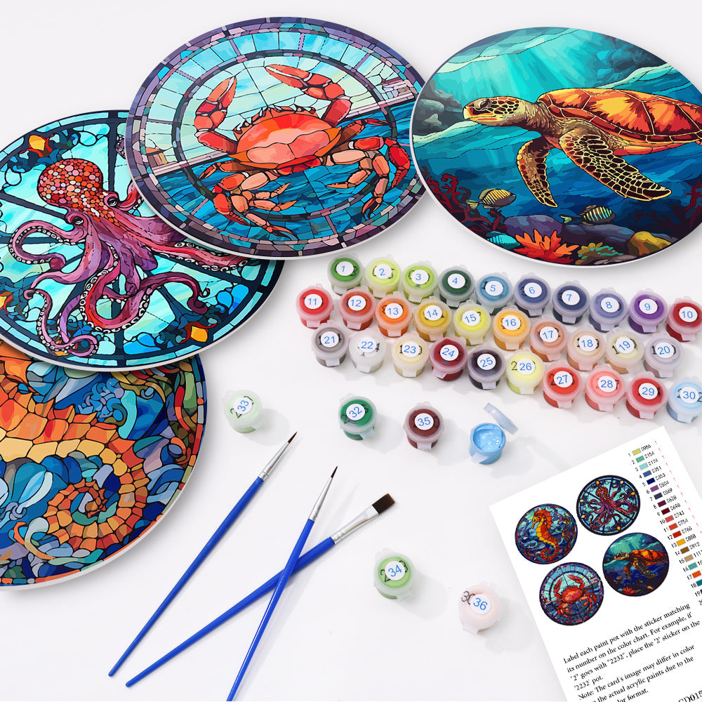 Pintura por números Sea Life inspirada en pinturas famosas que capturan vibrantes olas del océano y criaturas marinas.