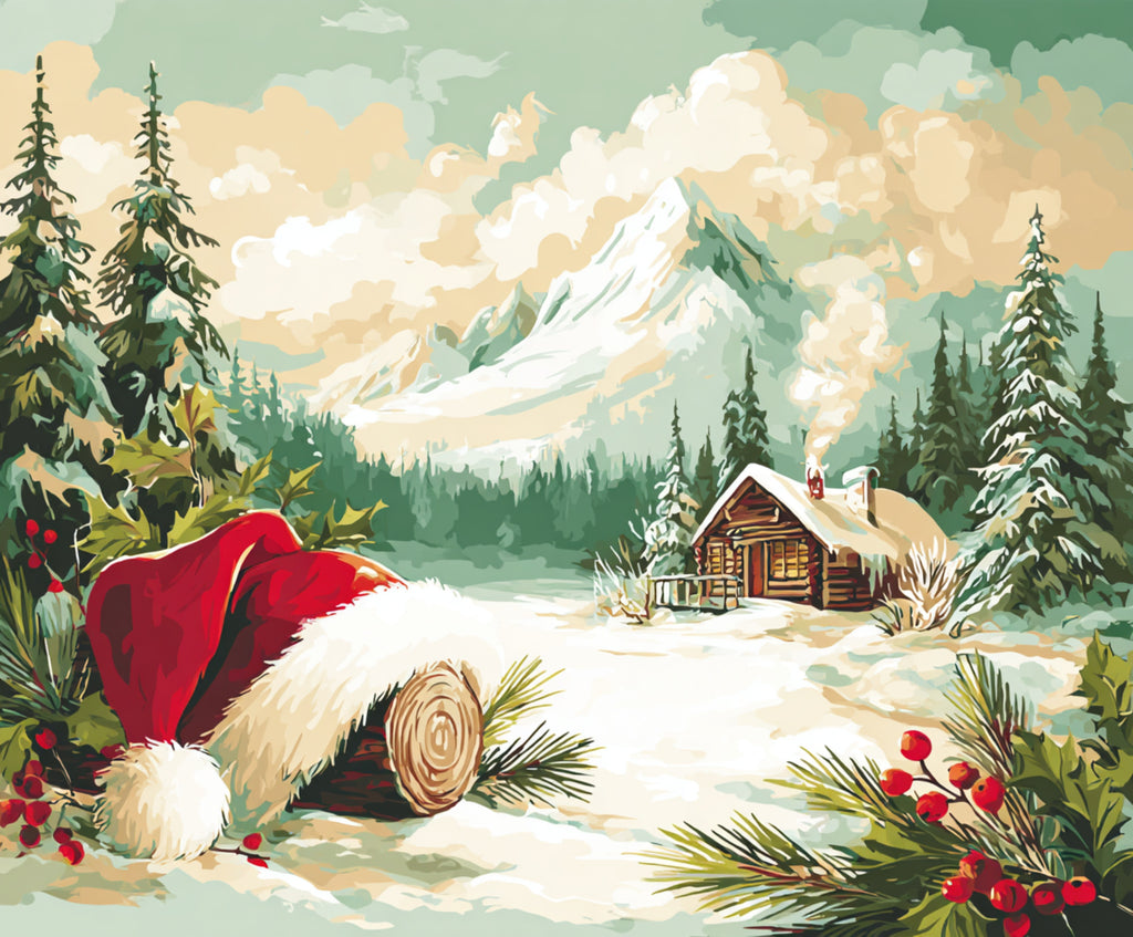 A snowy mountain cabin with a Santa hat resting on a log in the foreground.