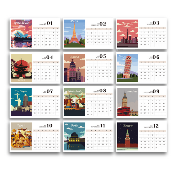 Calendar with illustrated cityscapes for each month on a white background