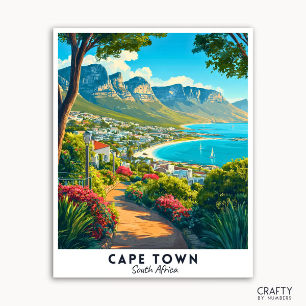 Artistic depiction of Cape Town, South Africa with a scenic view of Table Mountain and a coastal path.
