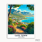 Artistic depiction of Cape Town, South Africa with a scenic view of Table Mountain and a coastal path.