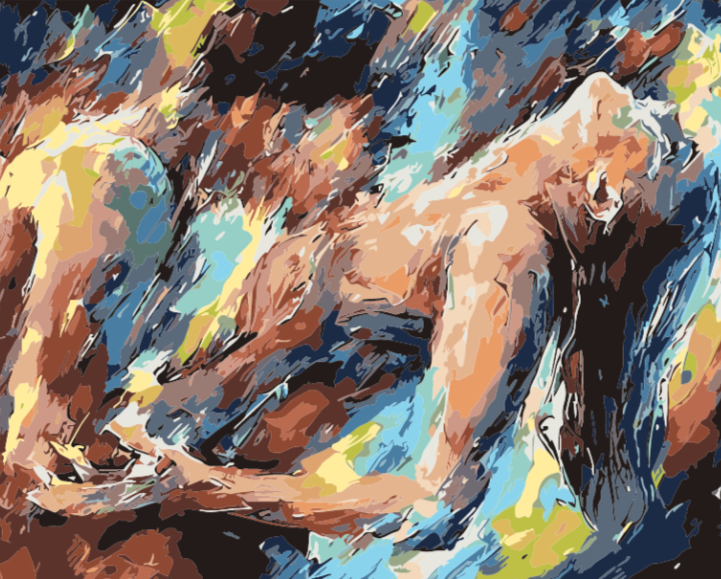 A completed Paint by Numbers kit depicting an abstract expressionist style painting with vivid colors and dynamic forms.