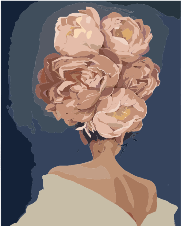 A paint-by-numbers kit depicting the back of a woman's head adorned with a large floral bouquet in tones of pink and beige, set against a dark background.