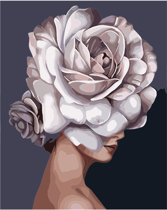 A paint-by-numbers kit depicting a woman's profile with a large floral headpiece in shades of white and gray.