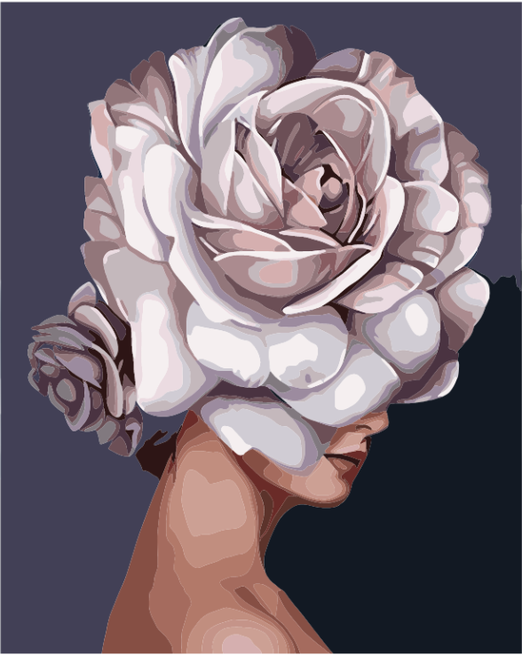A paint-by-numbers kit depicting a woman's profile with a large floral headpiece in shades of white and gray.
