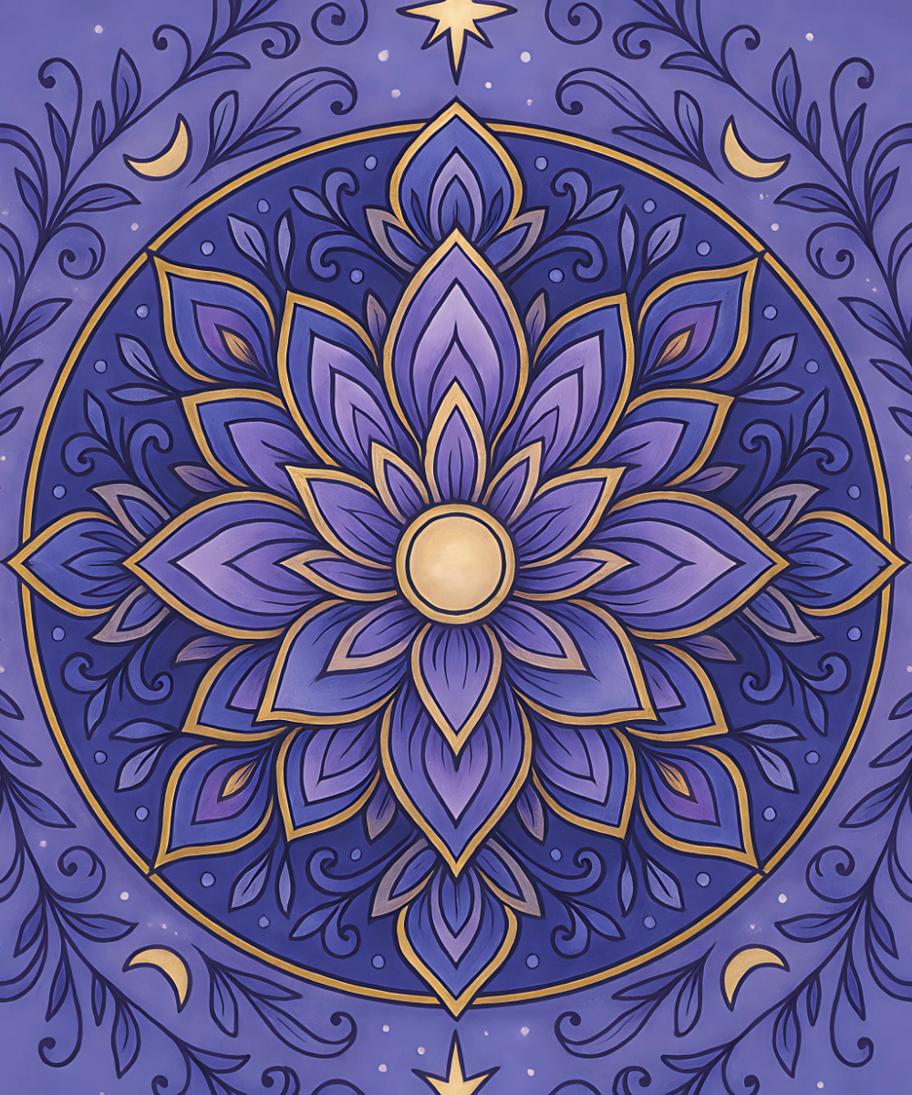 Primer plano del lienzo de lino Celestial Lotus Mandala que muestra secciones detalladas numeradas para pintar de forma fácil y precisa