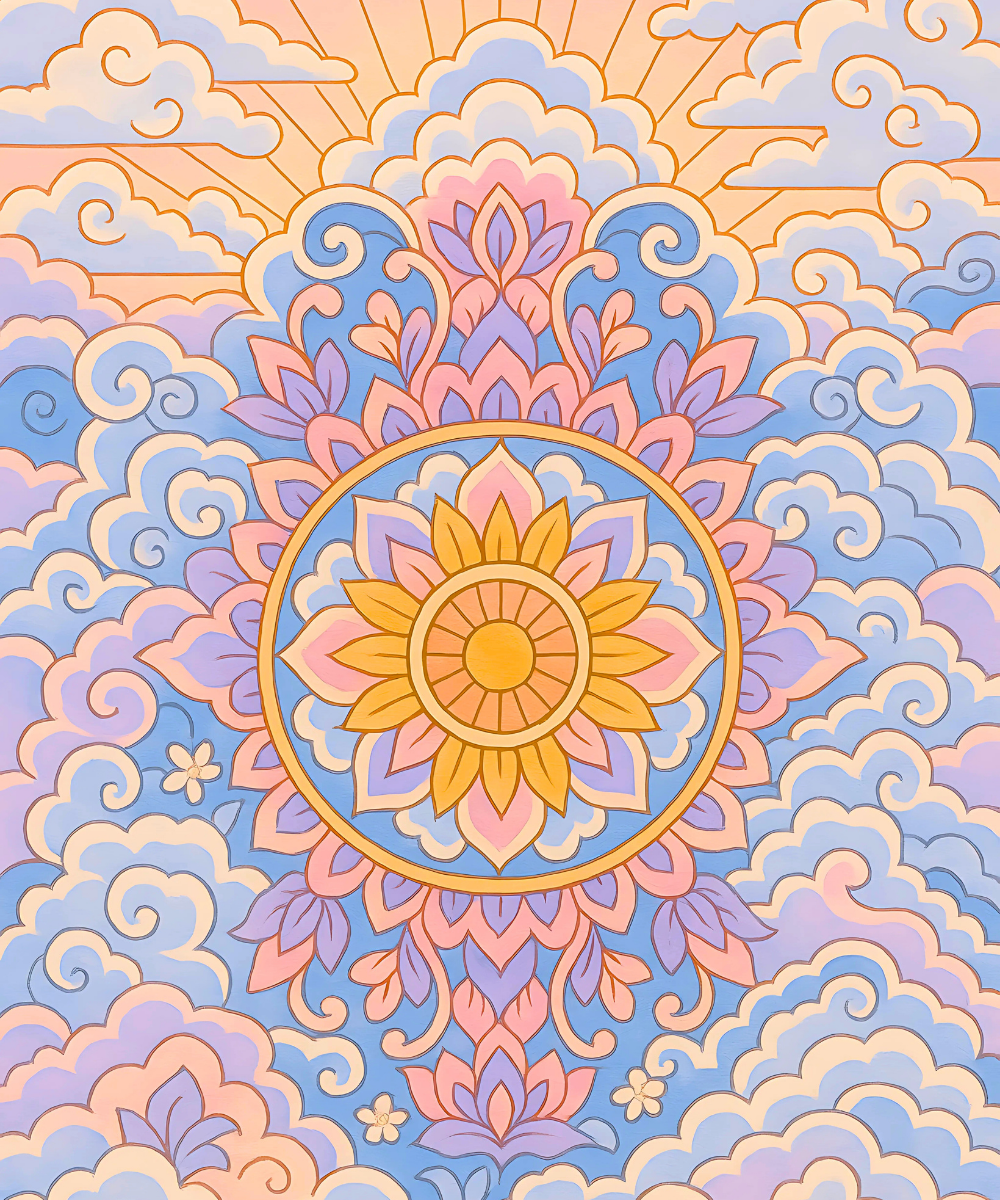 Close-up of the Heavenly Mandala linen canvas showing numbered sections for easy and precise painting