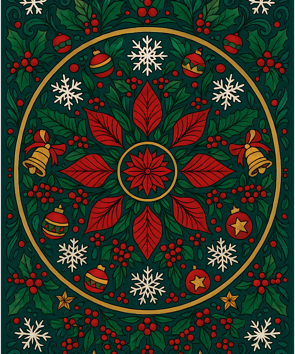 Primer plano del lienzo de lino Poinsettia Magic Mandala que muestra secciones numeradas detalladas para pintar fácilmente