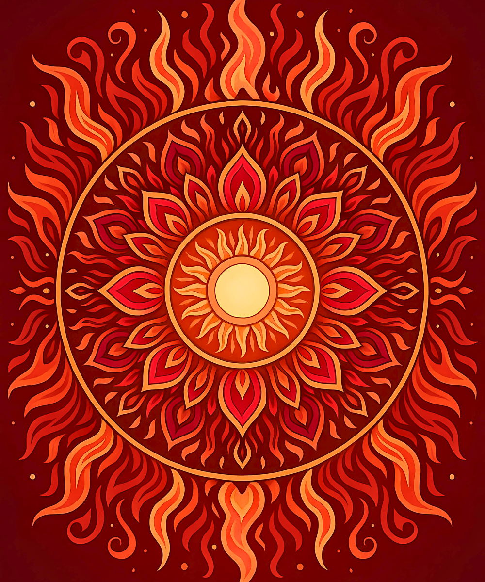 Close-up of the Sunfire Mandala linen canvas showing detailed numbered sections for precise painting