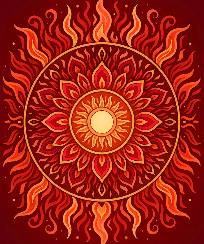 Close-up of the Sunfire Mandala linen canvas showing detailed numbered sections for precise painting