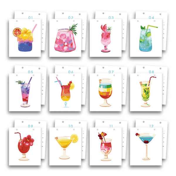 Set of 12 cards with colorful cocktail illustrations on a white background