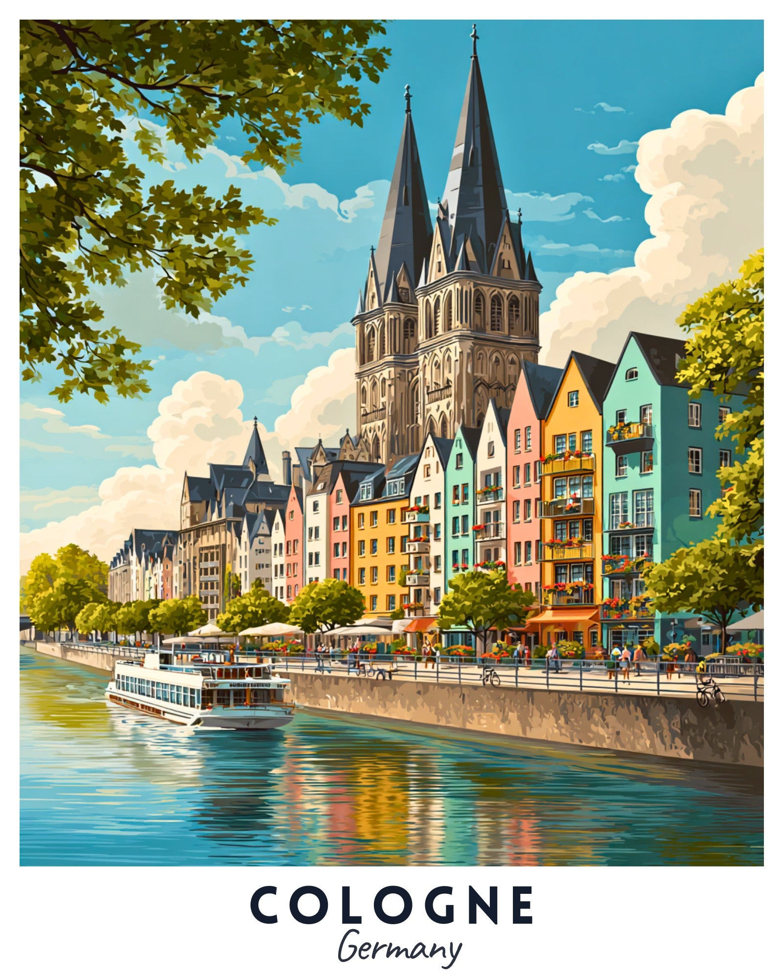 Colorful illustration of Cologne, Germany with a river and historic buildings.