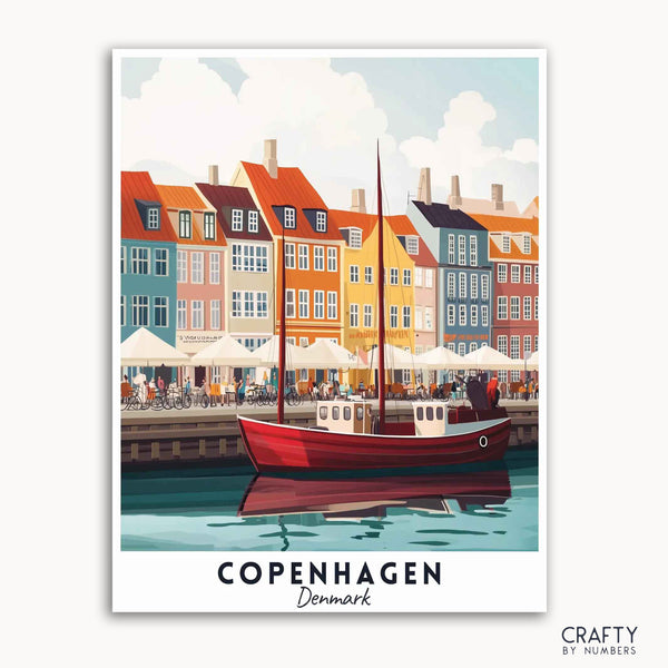 A travel poster of the colorful Nyhavn harbor in Copenhagen with a boat and brightly colored houses.