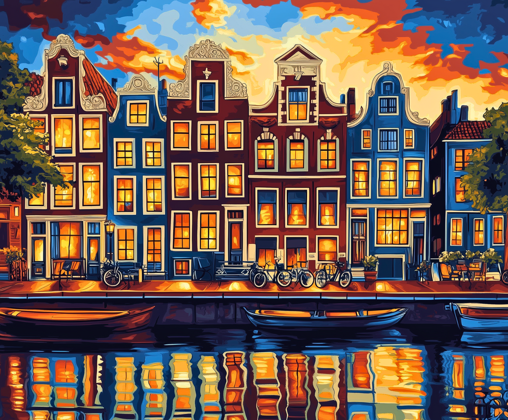 A paint-by-numbers kit depicting colorful canal houses in Amsterdam at twilight.