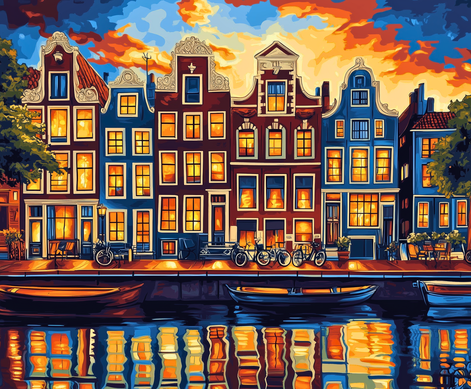 A paint-by-numbers kit depicting colorful canal houses in Amsterdam at twilight.