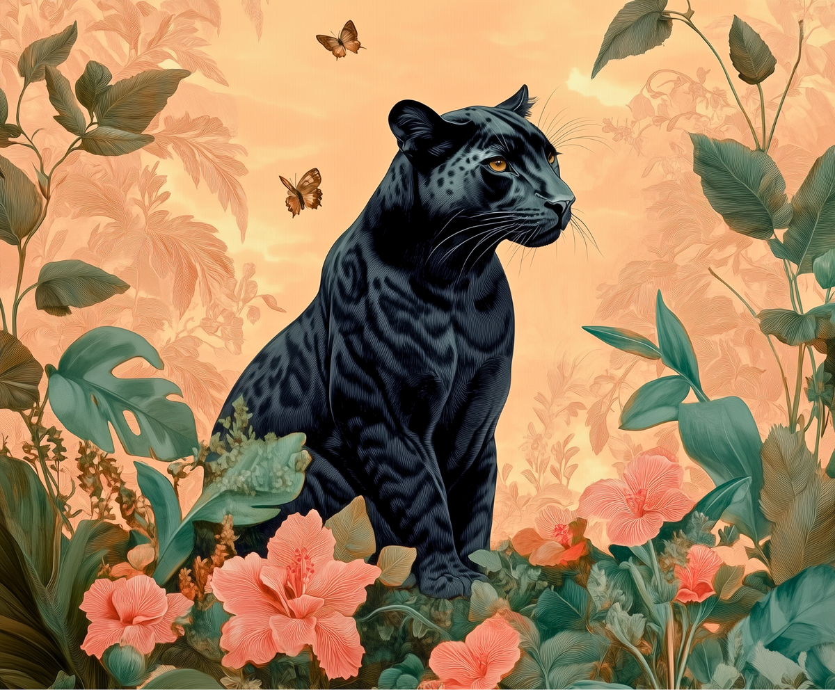 Une image de kit de peinture par numéros représentant une panthère noire parmi la flore tropicale avec un fond rose et orange.