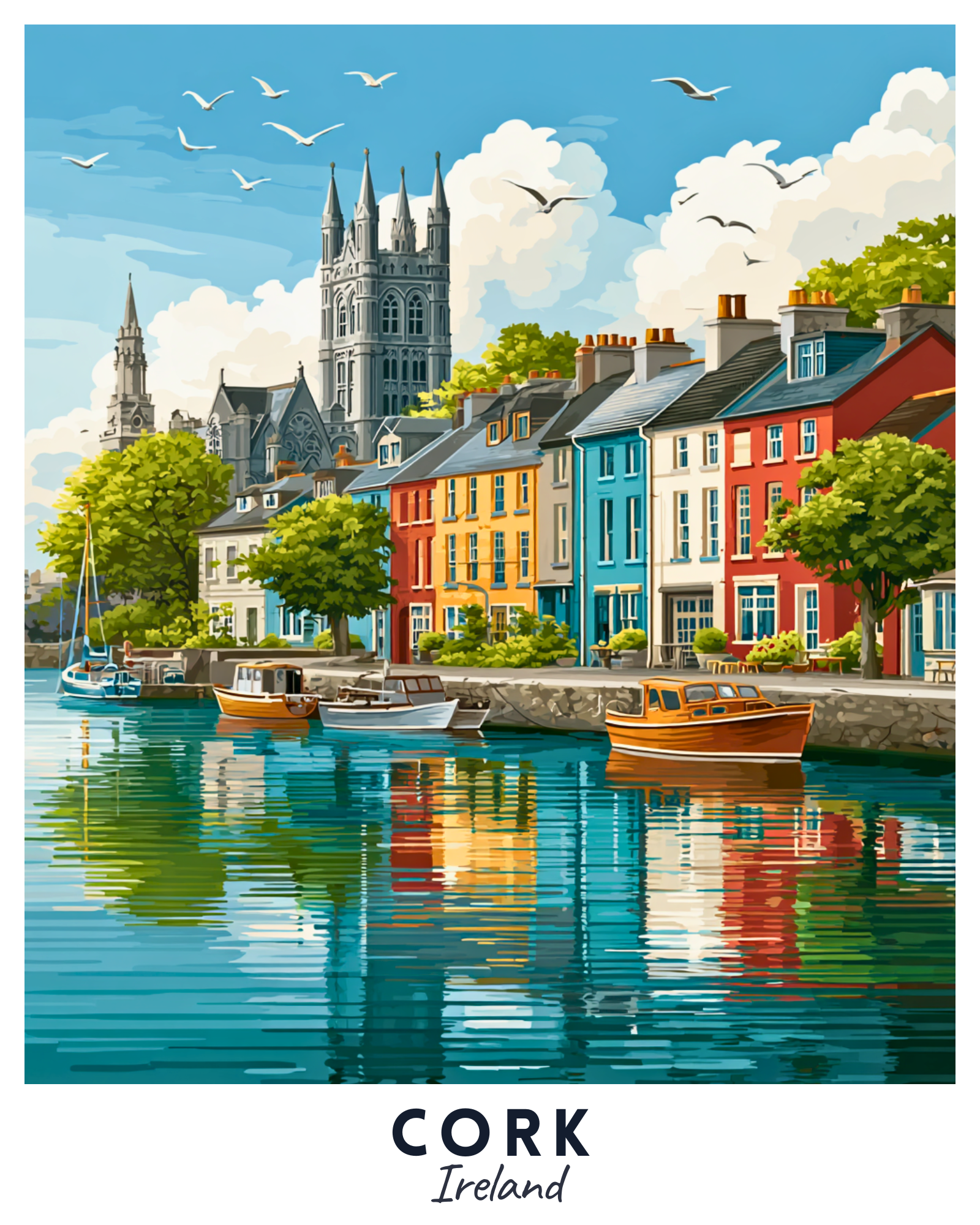 Colorful illustration of a coastal town in Cork, Ireland with buildings, boats, and a cathedral.